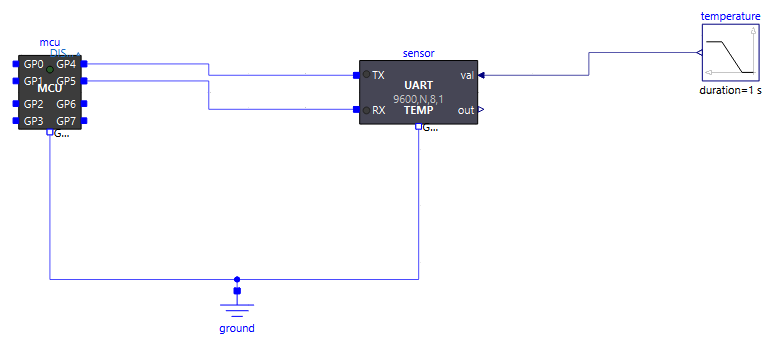 An MCU and a serial temperature sensor, TX/RX wires crossed (Examples.Uart.Sensor)
