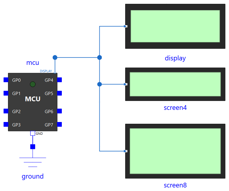 Schéma de Display.Large : la sortie DISPLAY du MCU reliée aux trois afficheurs, la broche GND du MCU à la masse